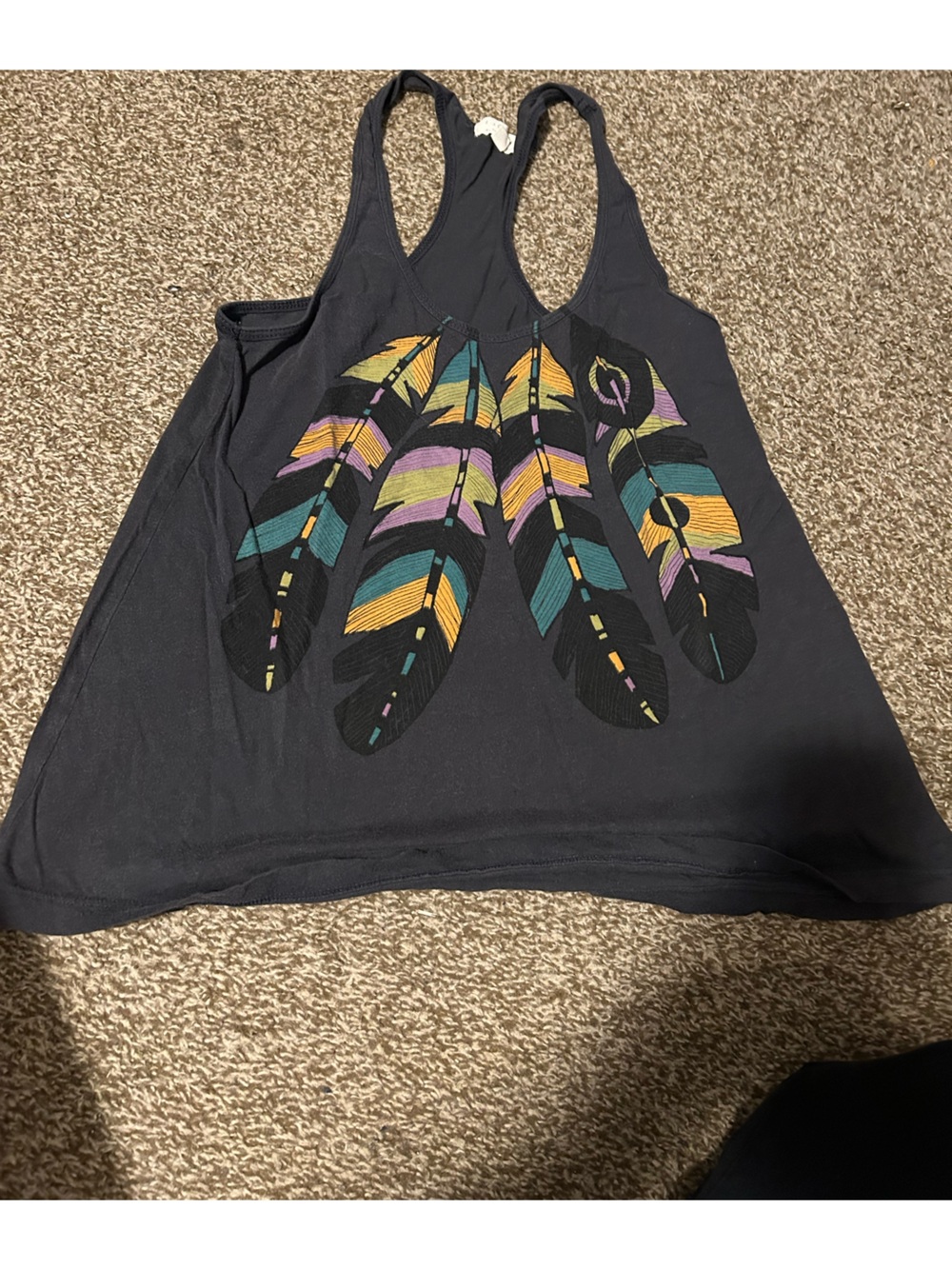 Forever 21 Black Tank Top with Multicolor Feather Graphic